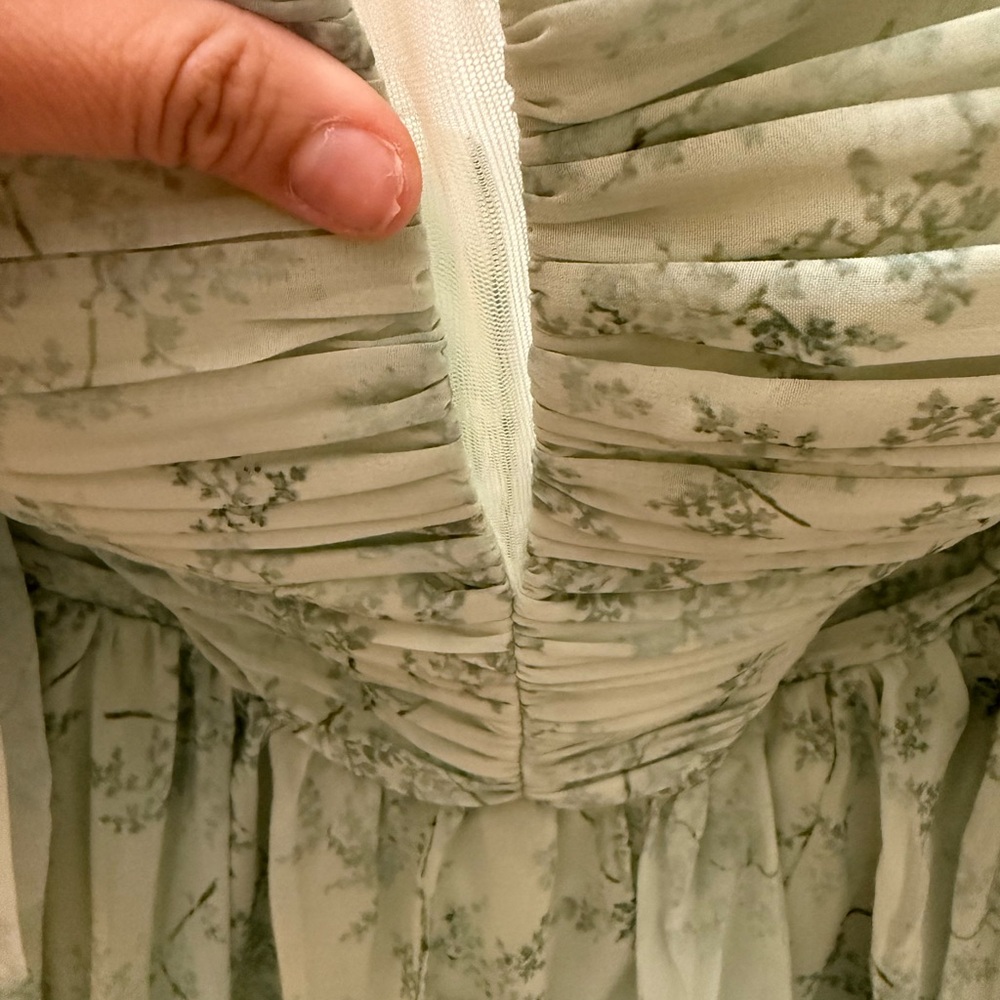 Light Sage Green Floral Ruched Bust Dress